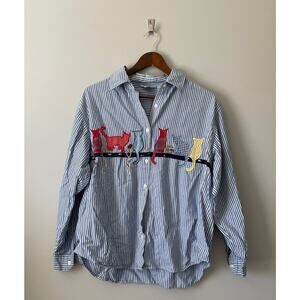 Vintage Embroidered Cat Button Down Striped 100% Cotton Shirt sz XL